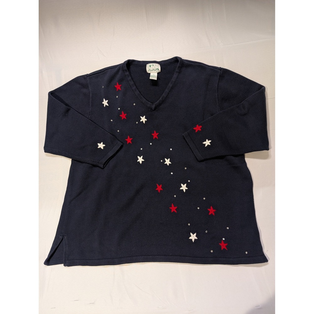 Quacker Factory Women's 2XL Navy Blue Star Rhinestone V-Neck Knit Sweater